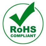 Green check mark above the words "RoHS Compliant" inside a green circle, indicating compliance with Restriction of Hazardous Substances standards.