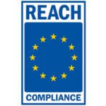 Blue and white REACH compliance logo featuring the EU flag with twelve yellow stars in a circle, the word "REACH" at the top, and "COMPLIANCE" at the bottom.