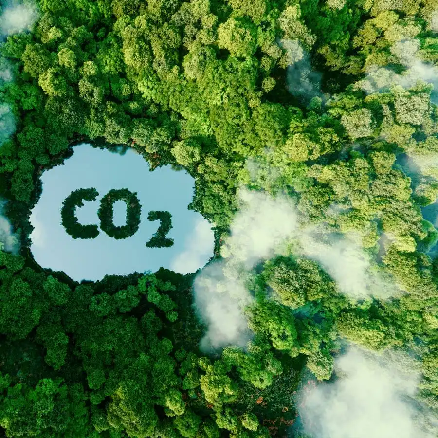 Aerial view of a dense forest with an opening in the trees shaped like the letters "CO₂," representing carbon dioxide, surrounded by green foliage and mist.