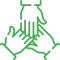 Green line drawing of three connected gears arranged in a triangular formation, with two at the base and one on top.