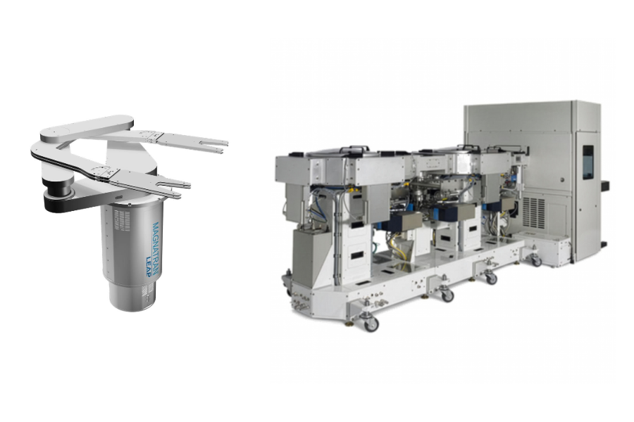 A robotic arm is shown on the left, and an automated wafer handling system with multiple compartments and a control unit is shown on the right.