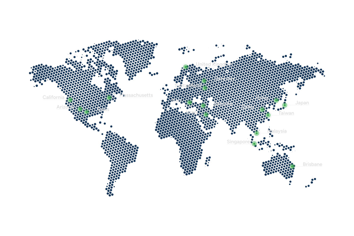 A world map showing highlighted locations in the US, UK, Switzerland, Germany, Italy, Israel, Bulgaria, China, Korea, Japan, Singapore, Malaysia, and Brisbane.