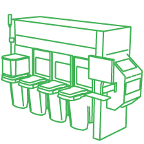 Line drawing of a multi-bin waste or recycling station with four bins, labeled screens, and a side attachment for hand sanitizer or a similar dispenser.