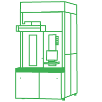 Green line drawing of an industrial machine with a display screen, control panel, and enclosed workspace, set against a plain white background.