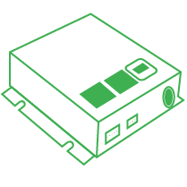 Simple line drawing of an electronic device with two square buttons, a circular port, and two rectangular ports on its side.