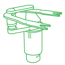 Line drawing of a robotic surgical instrument with two articulated arms and a cylindrical base.